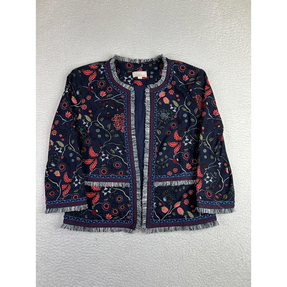 LOFT Jacket Womens 2 Blue Embroidered Floral Tweed Open Front Fringe Boho 423924